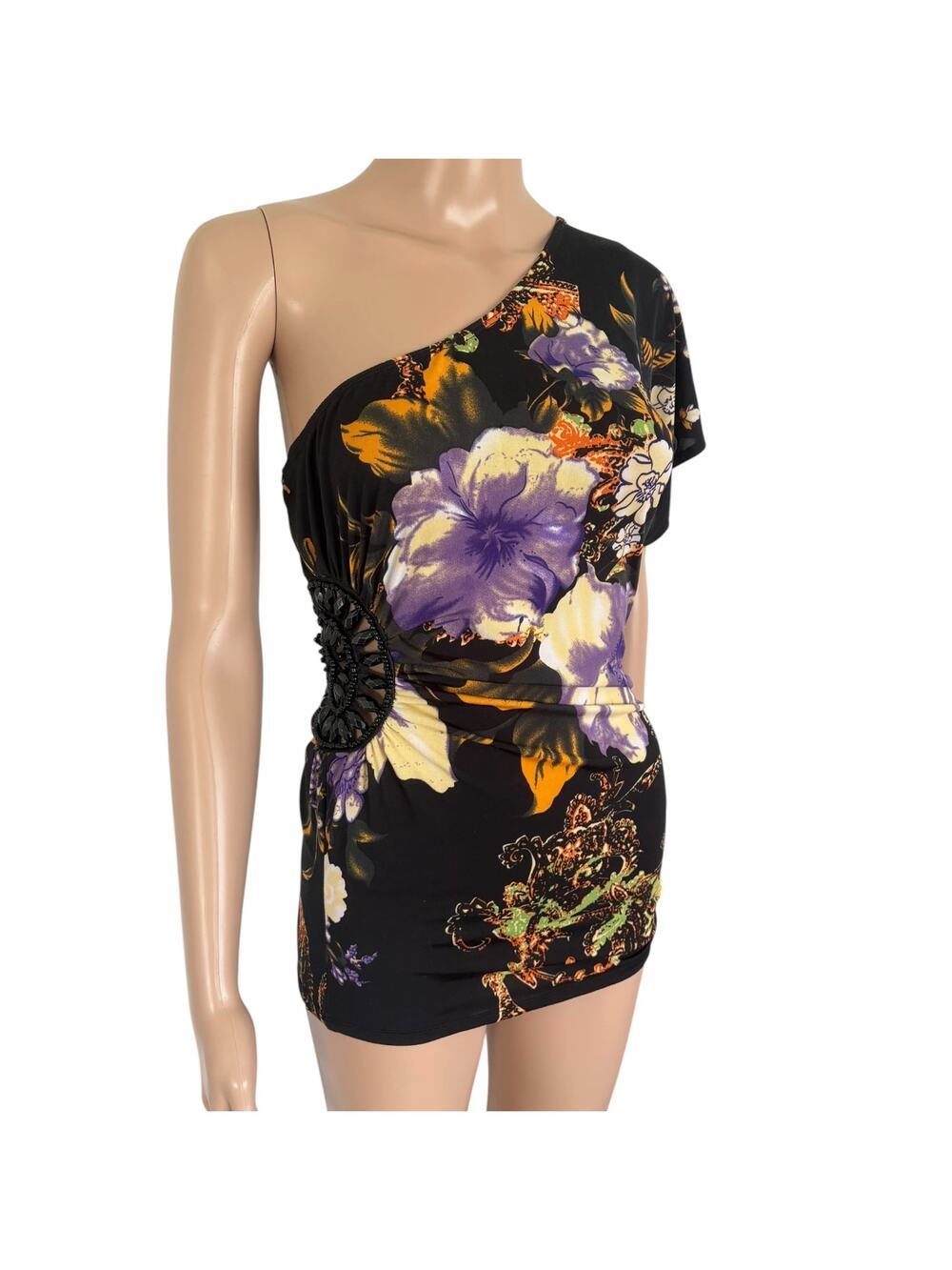 Fairycore Floral Tunic Top One Shoulder Beaded Cutout Y2K Whimsigoth M Multi